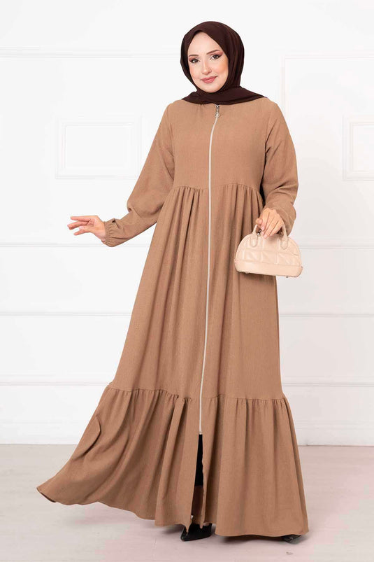 Layered Elastic Cuff Abaya Camel