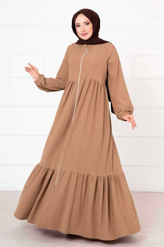 Layered Elastic Cuff Abaya Camel