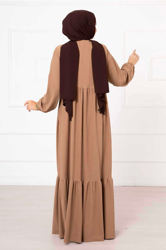 Layered Elastic Cuff Abaya Camel