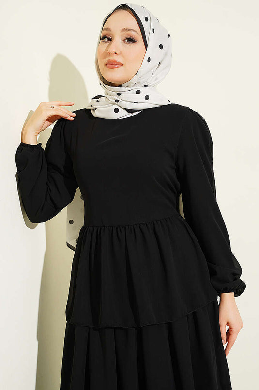 Kat Kat Kuşaklı Şifon Elbise Siyah
