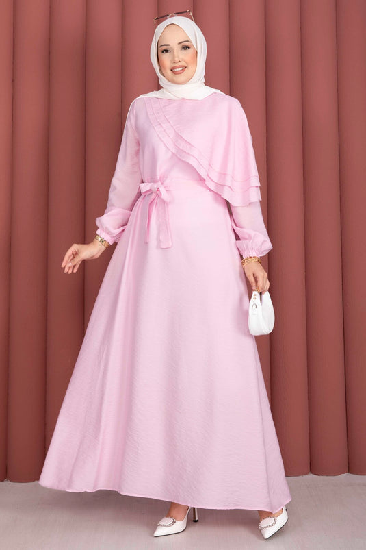 Kat Kat Pelerin Detaylı Kuşaklı Elbise Pembe