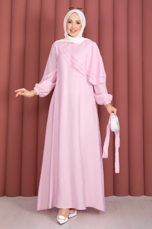 Kat Kat Pelerin Detaylı Kuşaklı Elbise Pembe