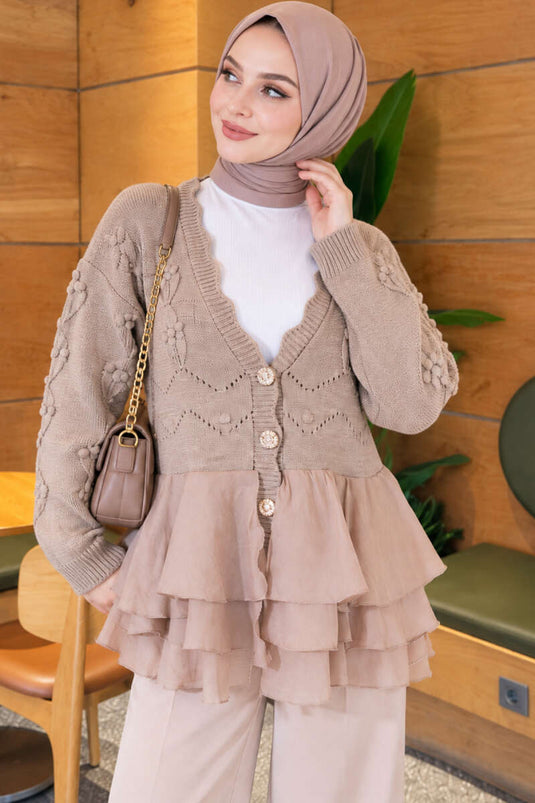 Beige Blumenstrick-Cardigan Mit Tüll-Details