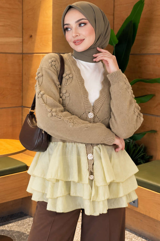 Blumen-Strickjacke Mit Mesh-Details In Mintgrün