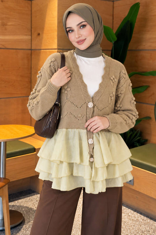 Blumen-Strickjacke Mit Mesh-Details In Mintgrün