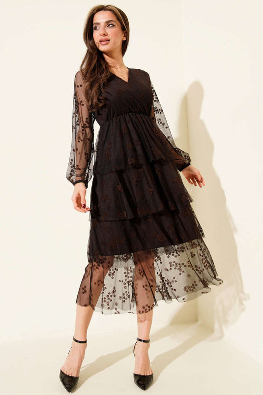 كات كات فستان متوسط الطول مزين بالتُل بلون بني داكن