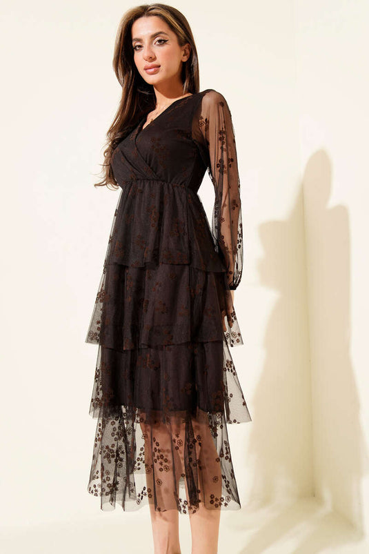 كات كات فستان متوسط الطول مزين بالتُل بلون بني داكن