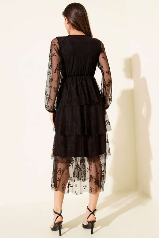 كات كات فستان متوسط الطول مزين بالتُل بلون بني داكن