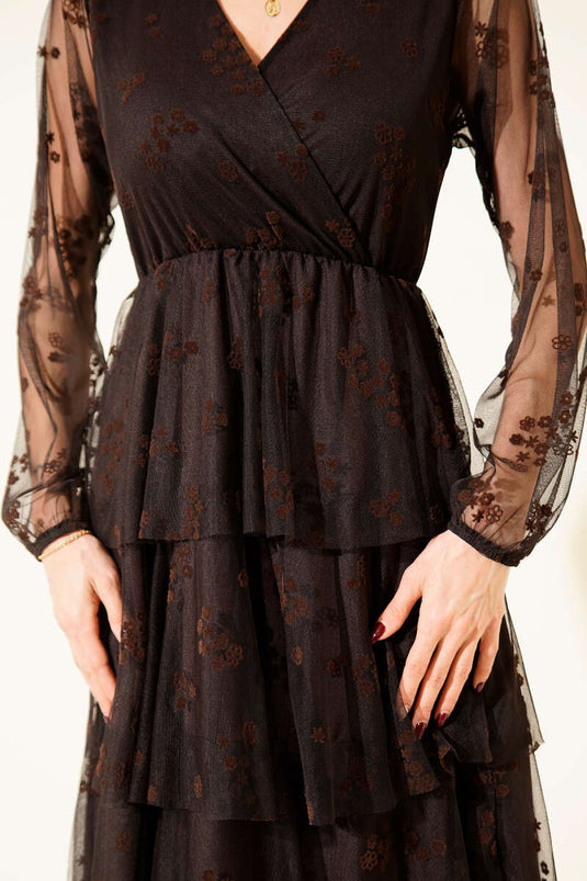 كات كات فستان متوسط الطول مزين بالتُل بلون بني داكن