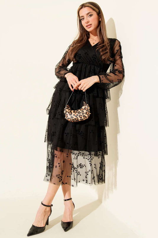 Kat Kat Tüllü Midi Elbise Siyah