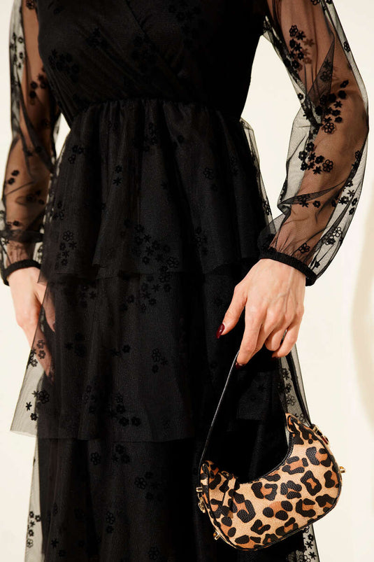 Kat Kat Tüllü Midi Elbise Siyah