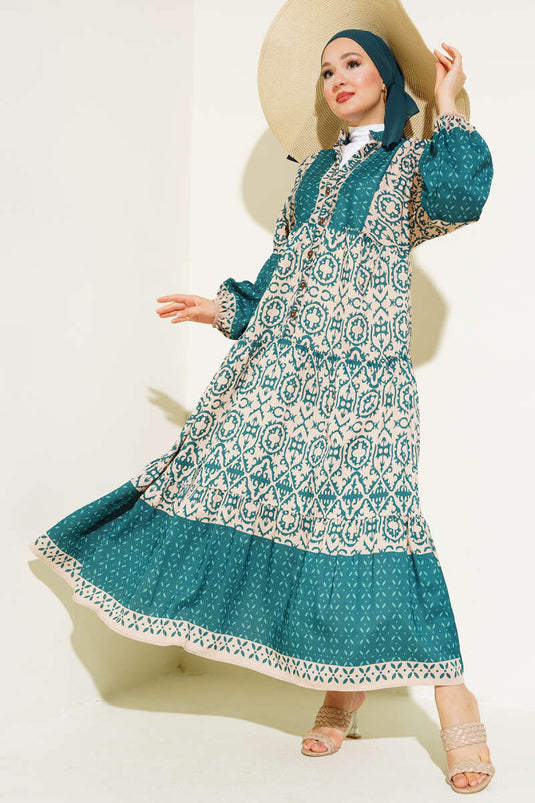 Kat Kat Yarım Düğmeli Elbise Zümrüt