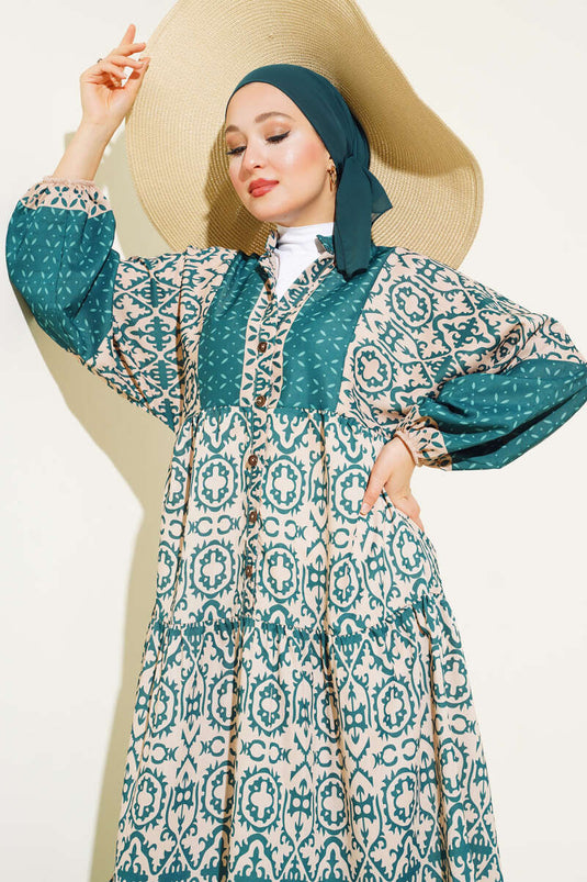 Kat Kat Yarım Düğmeli Elbise Zümrüt