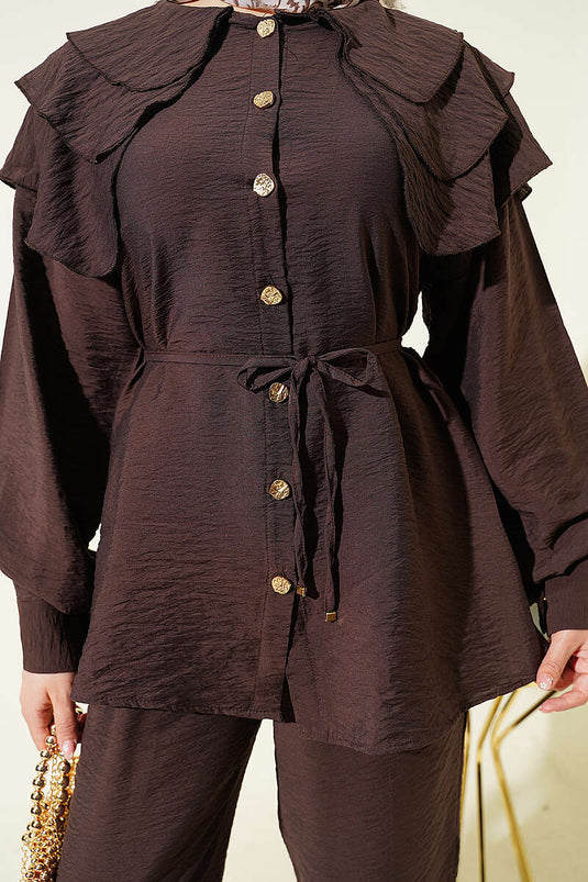 Ensemble deux pièces à col châle avec ceinture cordelette, couleur café amer