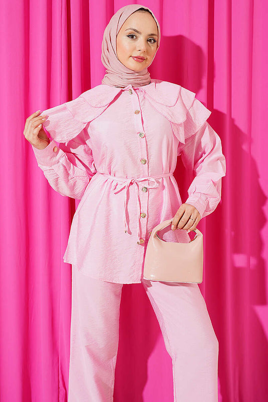Kat Yakalı İp Kuşaklı İkili Takım Pembe