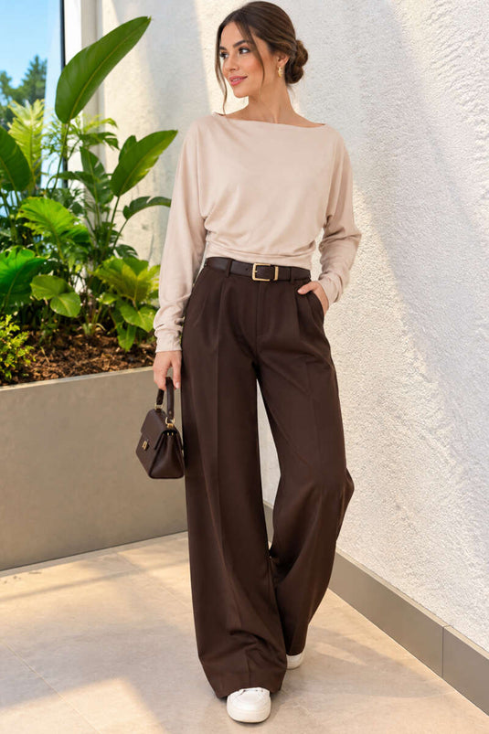 Basic Bluse Mit Rundhalsausschnitt Beige