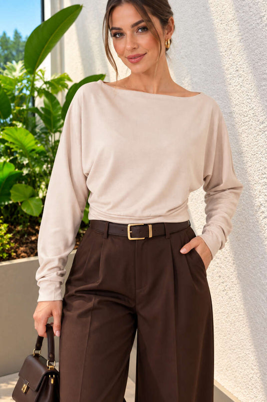 Basic Bluse Mit Rundhalsausschnitt Beige