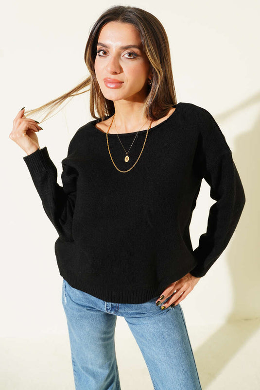 Kayık Yaka Basic Triko Kazak Siyah