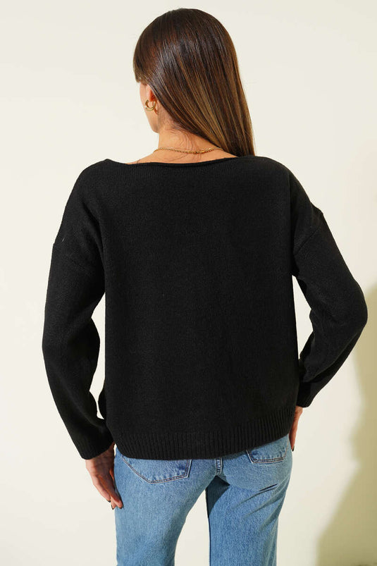 Kayık Yaka Basic Triko Kazak Siyah