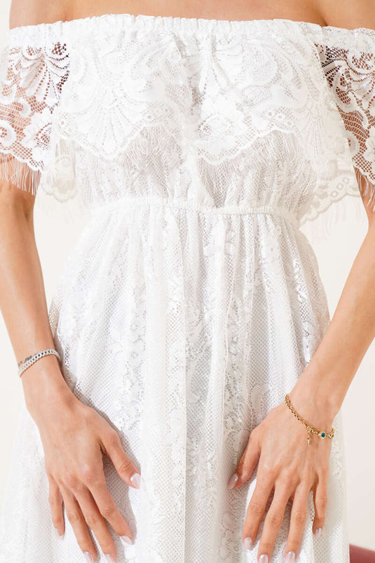 Boat Neck Elastic Waist Lace Dress White
