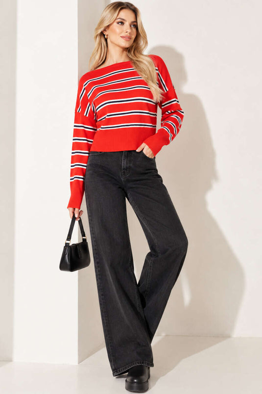 Rotes Gestreiftes Stricktop Mit Boot-Ausschnitt
