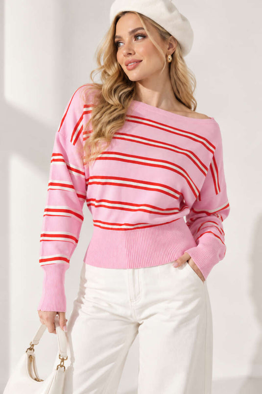 Gestreifte Strickbluse Mit Boot-Ausschnitt Rosa