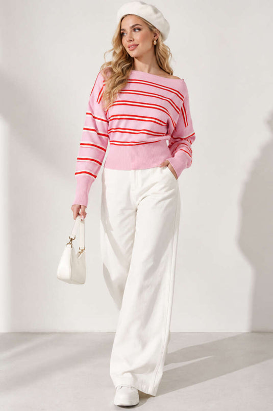 Gestreifte Strickbluse Mit Boot-Ausschnitt Rosa