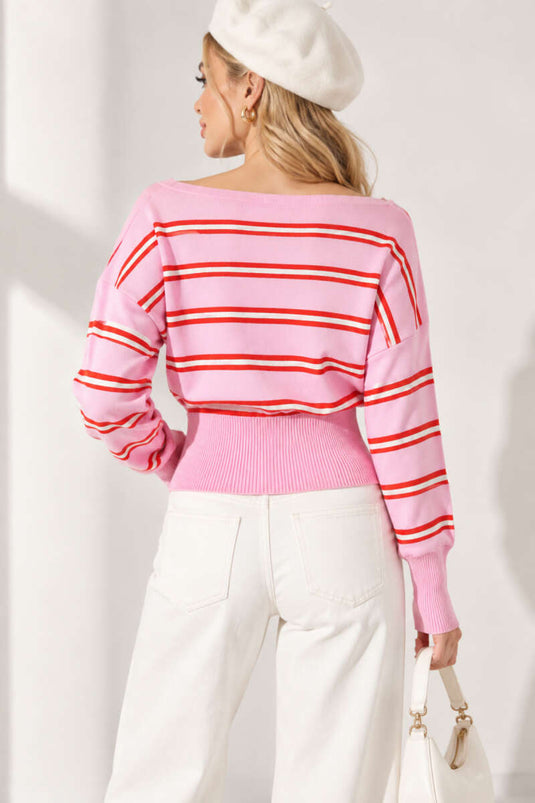 Gestreifte Strickbluse Mit Boot-Ausschnitt Rosa