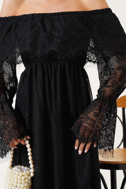 Boat Neck Lace Midi Dress Black
