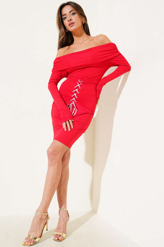 Boat Neck Eyelet Midi Dress Red