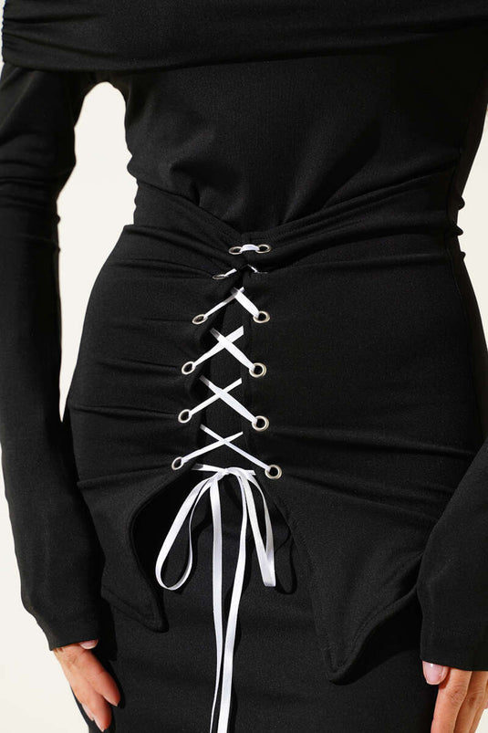 Boat Neck Eyelet Midi Dress Black