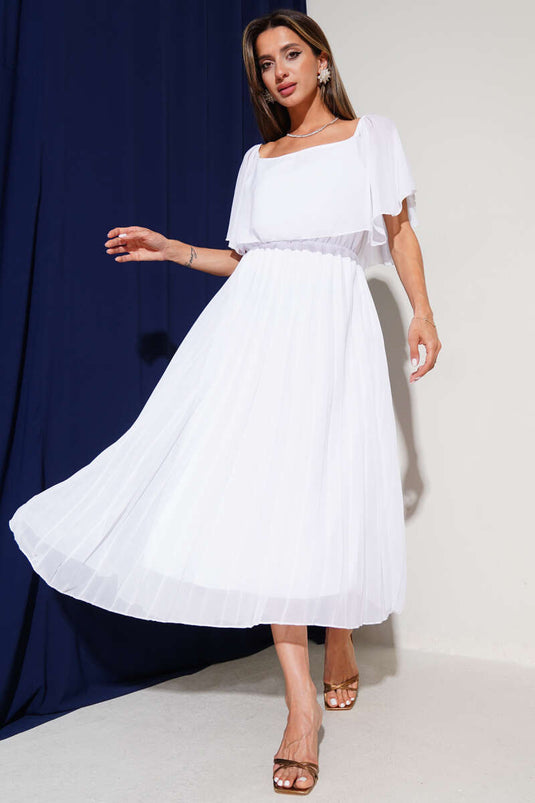 Boat Neck Pleated Chiffon Dress White