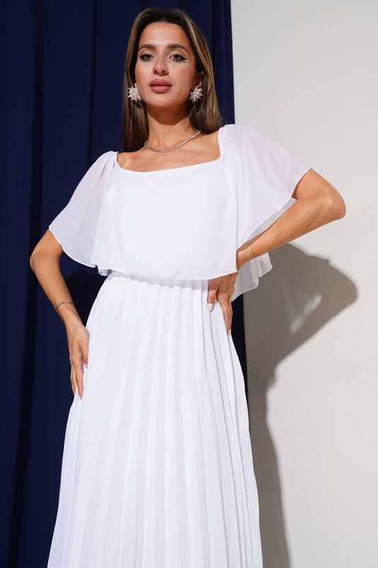 Boat Neck Pleated Chiffon Dress White