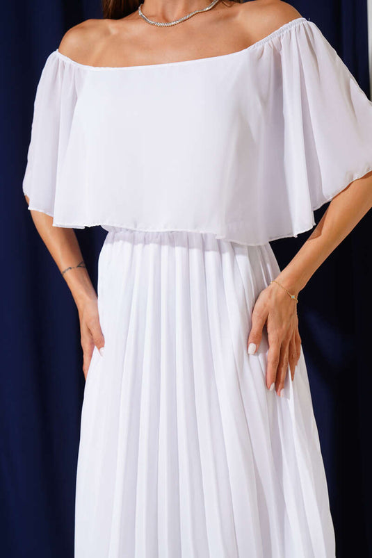 Boat Neck Pleated Chiffon Dress White