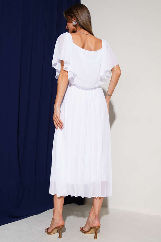 Boat Neck Pleated Chiffon Dress White