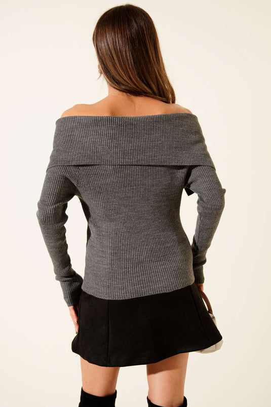 Boat Neck Knitted Sweater, Dark Gray