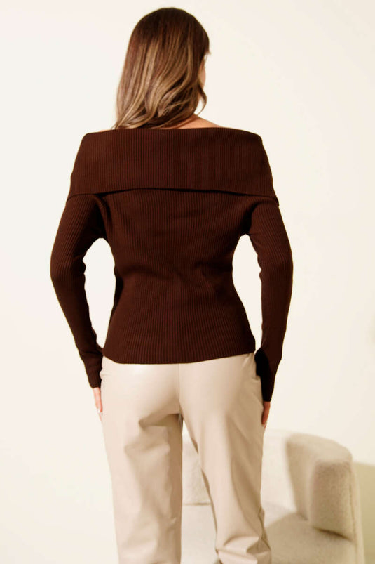 Boat Neck Knitted Sweater, Brown