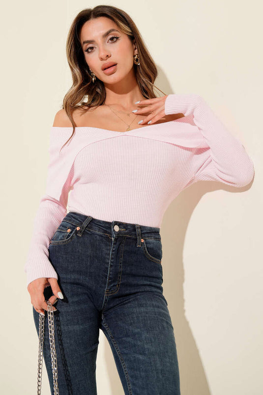 Boat Neck Knitted Sweater Pink