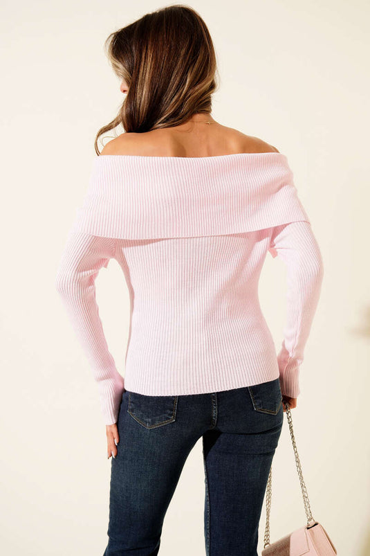 Boat Neck Knitted Sweater Pink