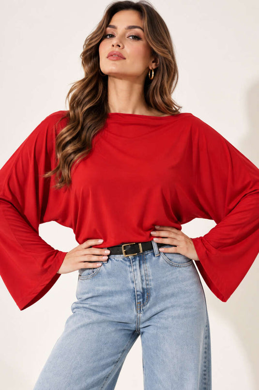 Rode Boat Neck Batwing Mouw Top