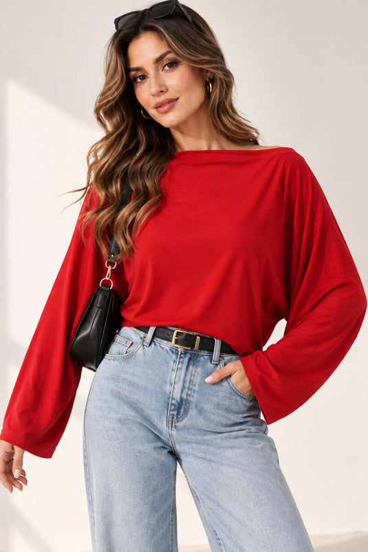 Blouse Rouge À Col Boat Et Manches Batwing