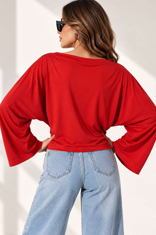 Blouse Rouge À Col Boat Et Manches Batwing