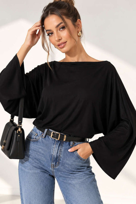 Zwarte Boat Neck Batwing Mouw Blouse