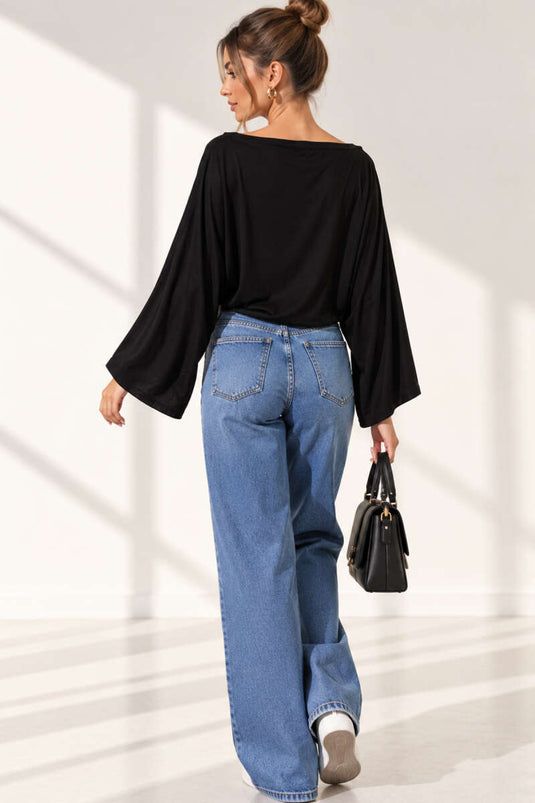 Chemise À Col Bateau Et Manches Chauve-Souris Noire