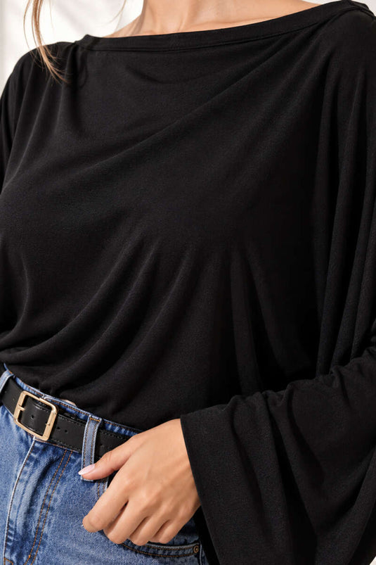 Zwarte Boat Neck Batwing Mouw Blouse