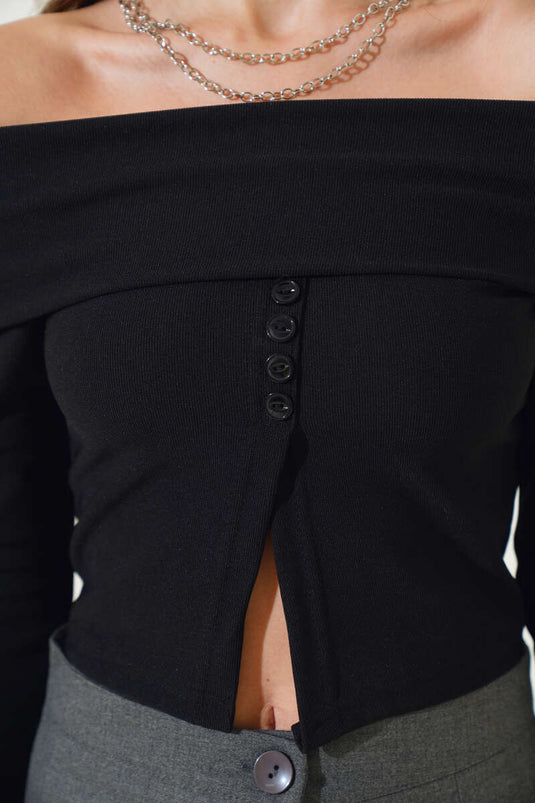 Boat Neck Slit Blouse Black