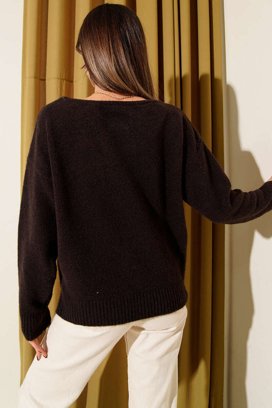 Boat Neck Fluffy Knit Sweater, Coffee