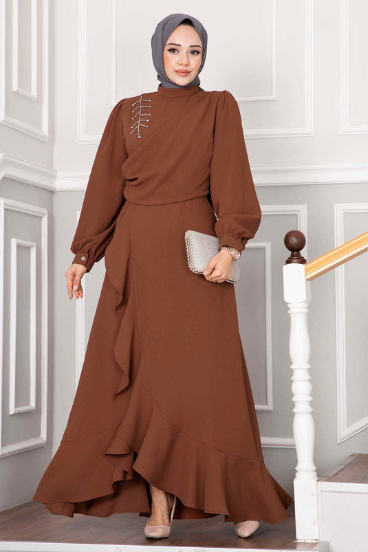 Kayla Ruches Tesettür Avondjurk Koffie