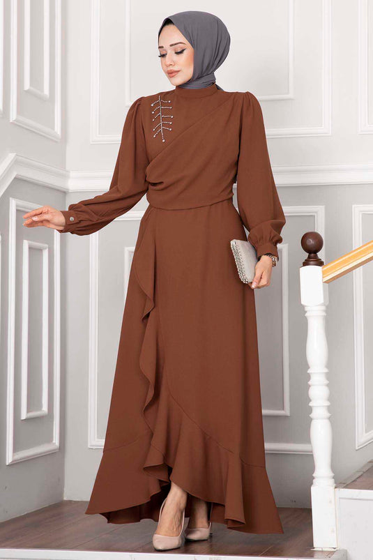 Kayla Ruches Tesettür Avondjurk Koffie