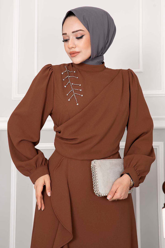 Kayla Ruches Tesettür Avondjurk Koffie